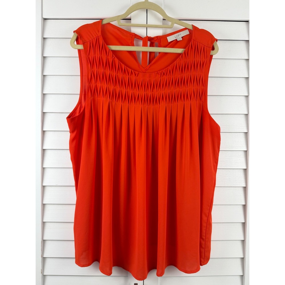LOFT Sleeveless Blouse Women XXL Orange Smocked Pleated Back Tie